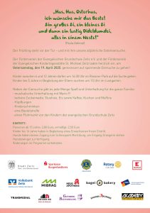 Detaillierte Veranstaltungsinformationen zur Ostereiersuche im Schlosspark Moritzburg Zeitz am 19. April 2025. Der Flyer enthält ein Ostergedicht, eine Einladung der Fördervereine der Evangelischen Grundschule Zeitz und der Evangelischen Kindertagesstätte St. Michael Zeitz sowie Zeit- und Ortsangaben für die Eiersuche: 14:30 Uhr für Kinder von 6 bis 12 Jahren im Rossner-Park, 15:00 Uhr für Kinder bis 5 Jahre im Lustgarten. Begleitprogramm mit Musik, Essen, Hüpfburg, Kinderschminken, Bastelstraße und Flohmarkt. Eintrittspreise und Zugangsinformationen sind aufgeführt. Logos von Sponsoren und Partnern sind am unteren Rand abgebildet.